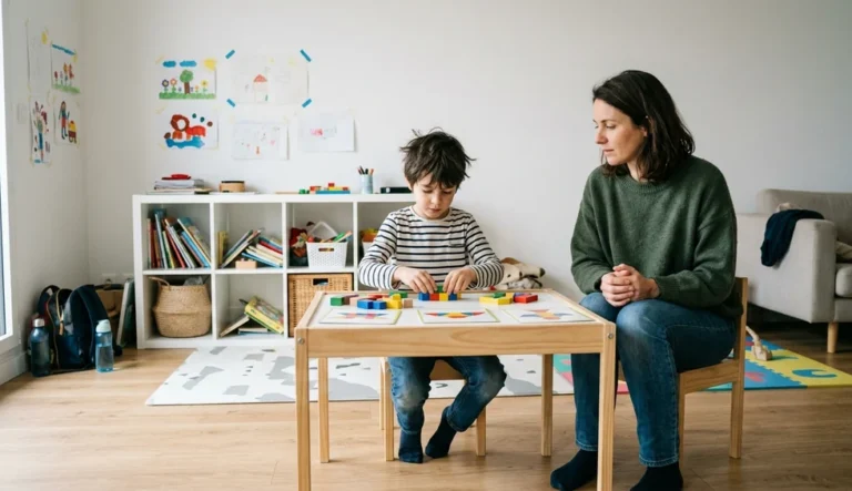 Accompagnement de l'autisme à domicile : un enfant réalise une activité structurée, accompagné par une professionnelle