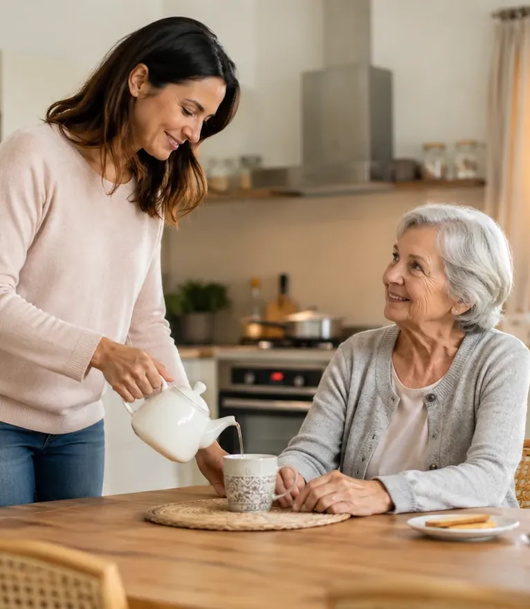 Accompagnement en confiance : une intervenante AUXI'life sert le thé à une femme âgée dans sa cuisine, à son domicile