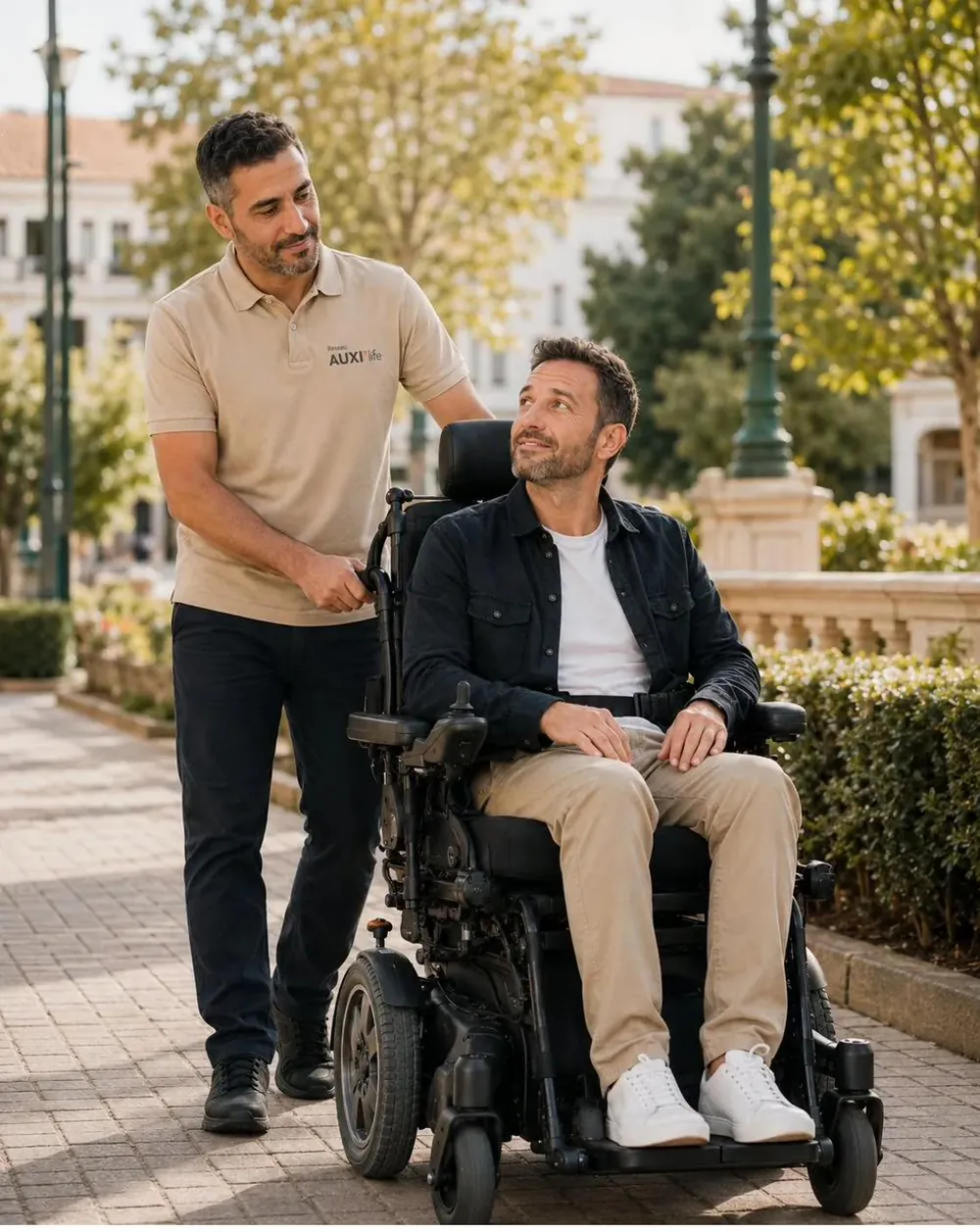 Un homme en fauteuil roulant accompagné en extérieur par un intervenant du Réseau AUXI'life lors d'une sortie