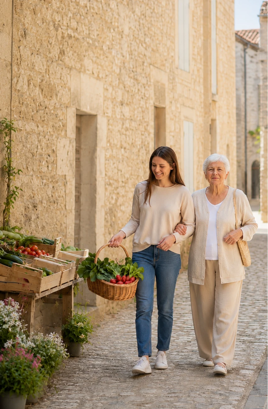 Une auxiliaire de vie AUXI'life accompagne une femme âgée au marché, panier de légumes à la main