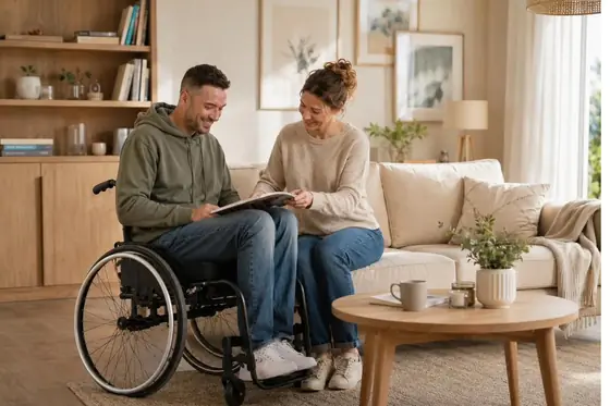 Auxiliaire de vie AUXI'life accompagnant une personne en fauteuil roulant à domicile