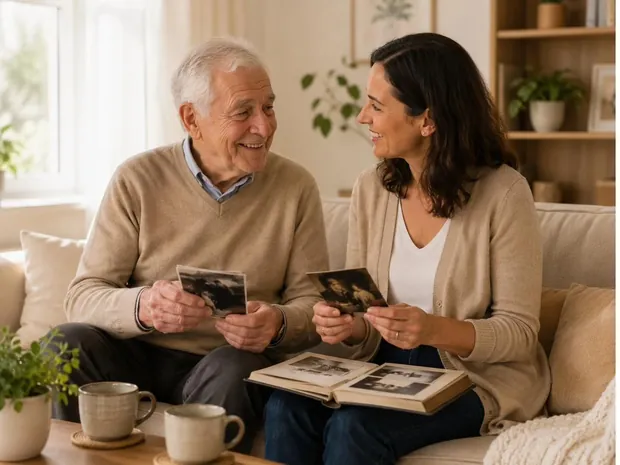 Moment d'écoute apaisé entre une auxiliaire de vie et une personne accompagnée