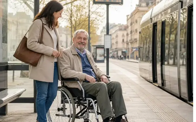 Une auxiliaire de vie accompagne un homme âgé en fauteuil roulant à un arrêt de tramway