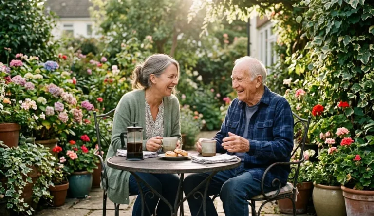 Aidant familial rémunéré : une femme et son parent âgé prennent le café dans un jardin fleuri