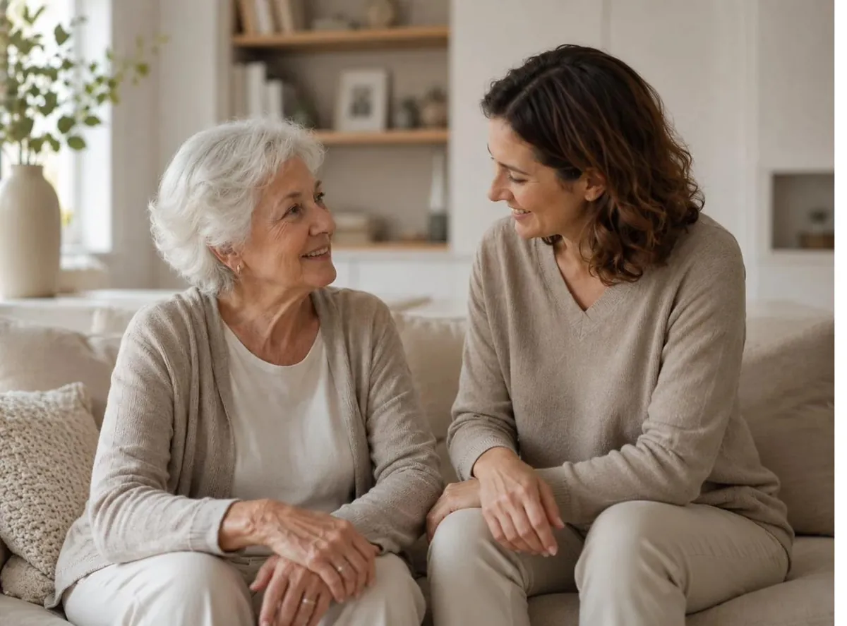 Aide à domicile AUXI'life : une auxiliaire de vie échange avec une personne âgée dans un salon chaleureux
