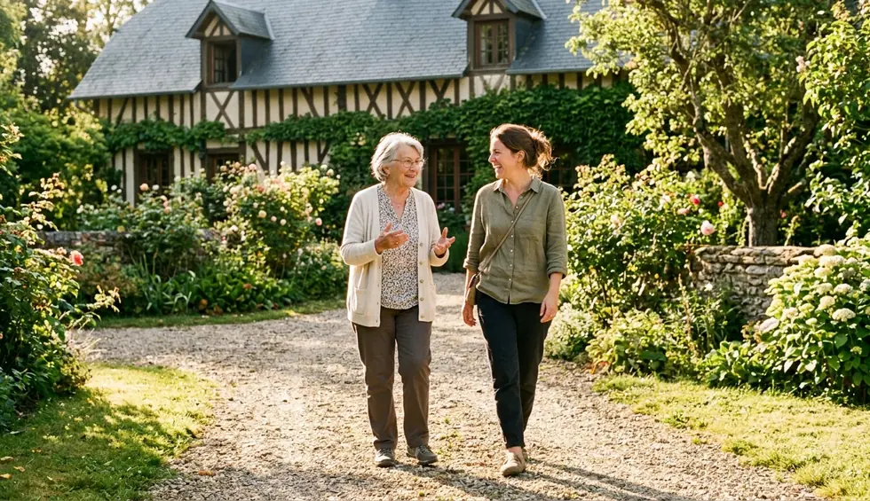 Aide à domicile dans le Calvados : une auxiliaire de vie accompagne une femme âgée devant une maison normande