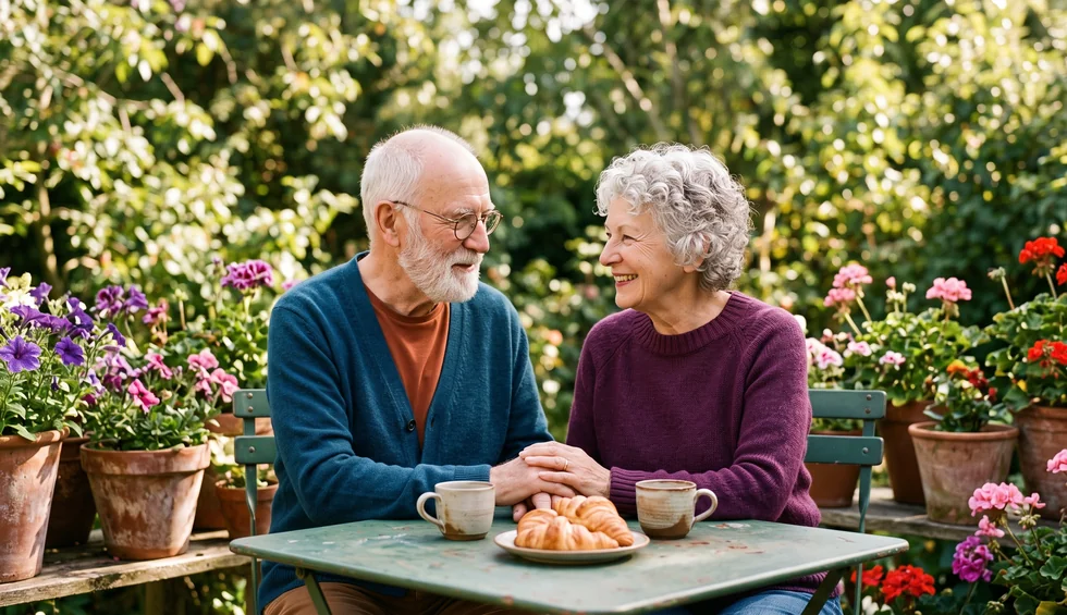 Aide à domicile pour un couple de personnes âgées : un couple âgé prend le café dans son jardin fleuri