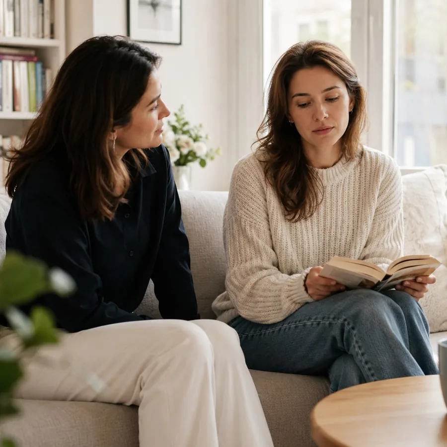 Aide à domicile et handicap psychique : une auxiliaire de vie AUXI'life partage un moment d'écoute avec une personne accompagnée dans son salon