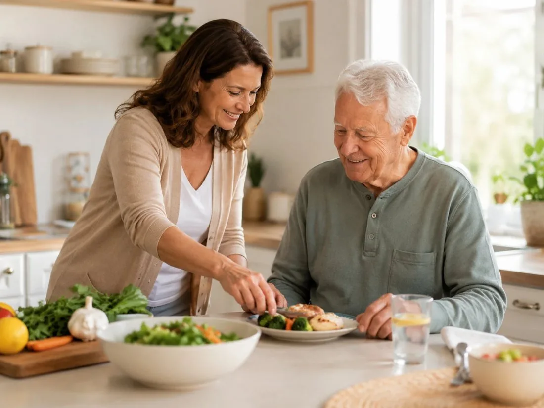 Aide au repas à domicile : une auxiliaire de vie du Réseau AUXI'life partage un repas équilibré avec un homme âgé, chez lui