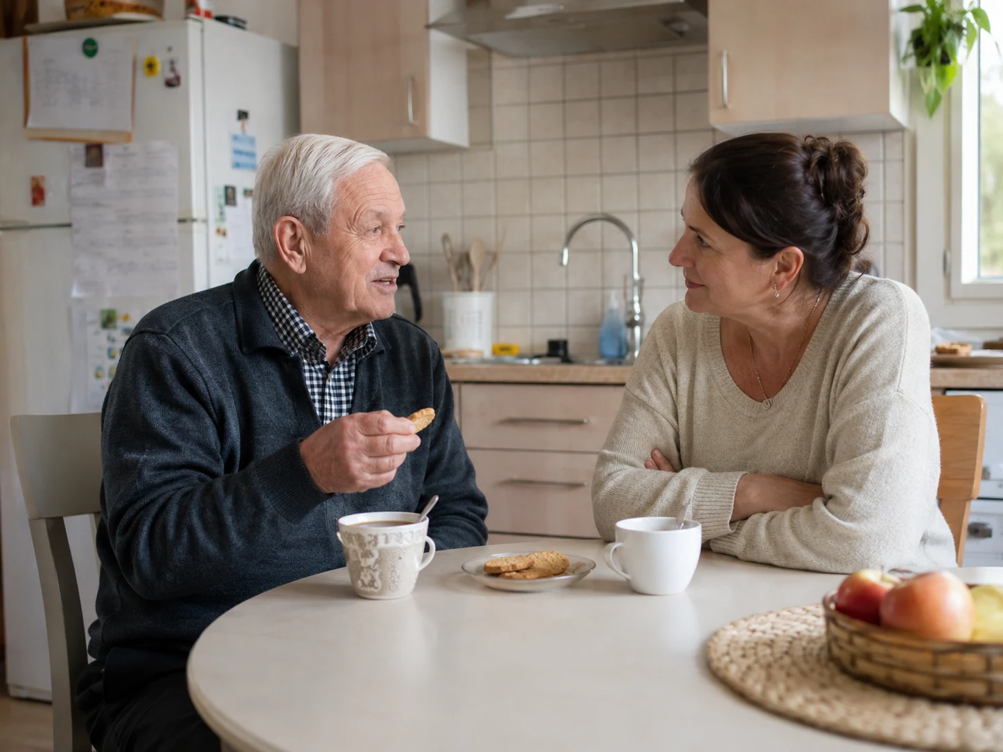 Aide aux gestes du quotidien : une auxiliaire de vie AUXI'life accompagne un homme âgé au moment de la collation, dans sa cuisine
