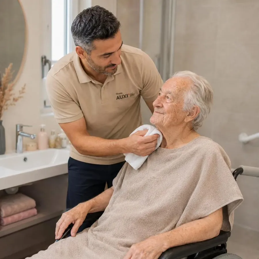 Aide à la toilette à domicile : un auxiliaire de vie AUXI'life accompagne une personne âgée pour les soins d'hygiène, dans le respect de sa dignité