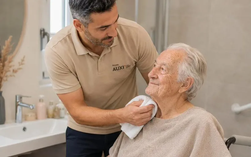 Aide à la toilette à domicile : un auxiliaire de vie accompagne un homme âgé