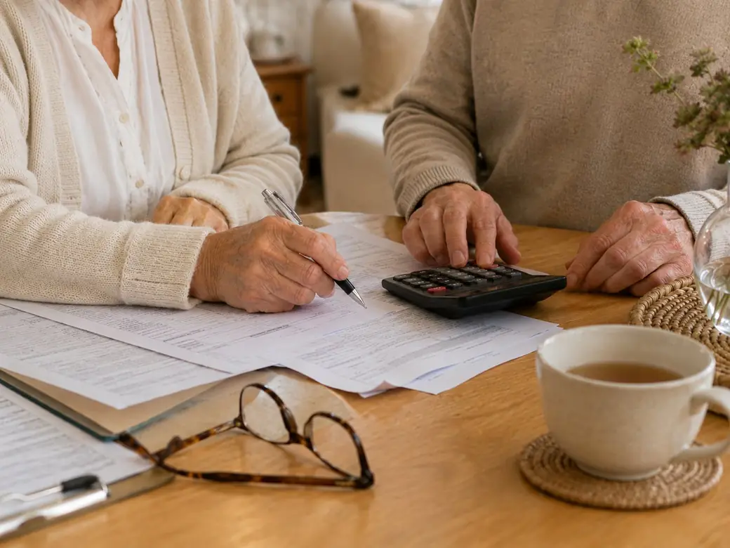 Un couple de personnes âgées calcule le coût de l'aide à domicile et ses aides financières, calculatrice et papiers sur la table