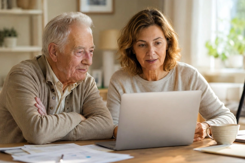 Un couple de retraités consulte ses droits sur un ordinateur portable à la maison