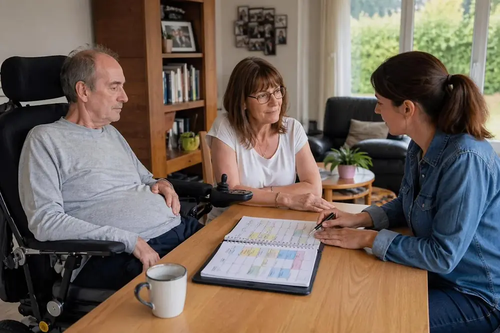Une conseillère AUXI'life présente les aides financières pour l'aide à domicile à un homme en fauteuil roulant et son aidante