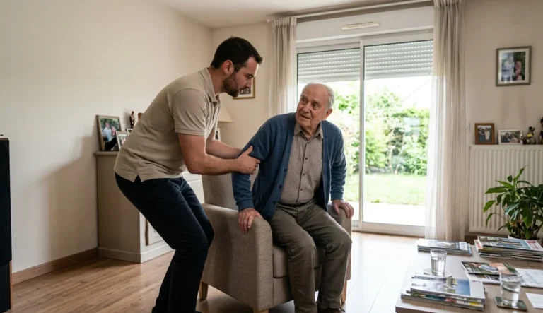 Auxiliaire de vie ou aide-soignant : un auxiliaire de vie aide un homme âgé à se lever de son fauteuil