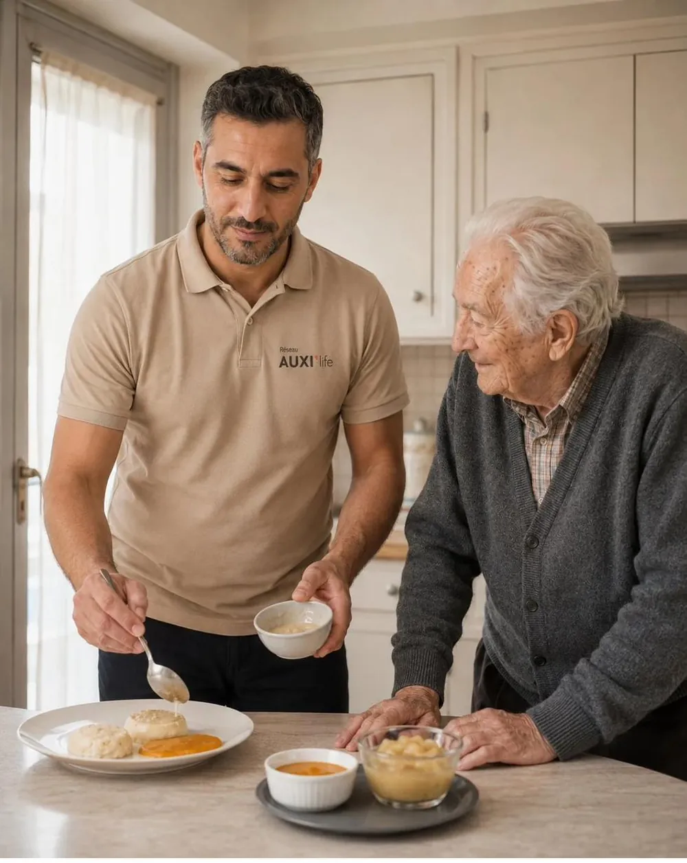 Un auxiliaire de vie du Réseau AUXI'life partage un repas avec une personne âgée à son domicile