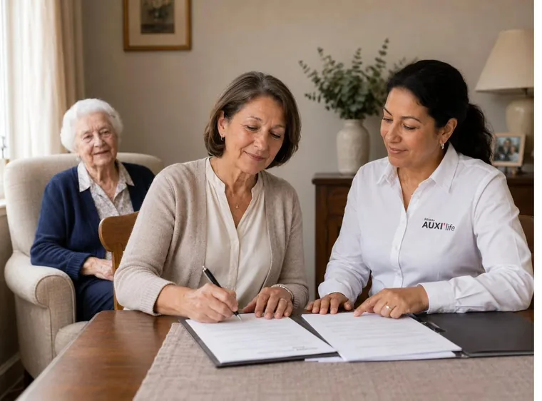 Réseau AUXI'life — une auxiliaire de vie accompagne une personne âgée à domicile