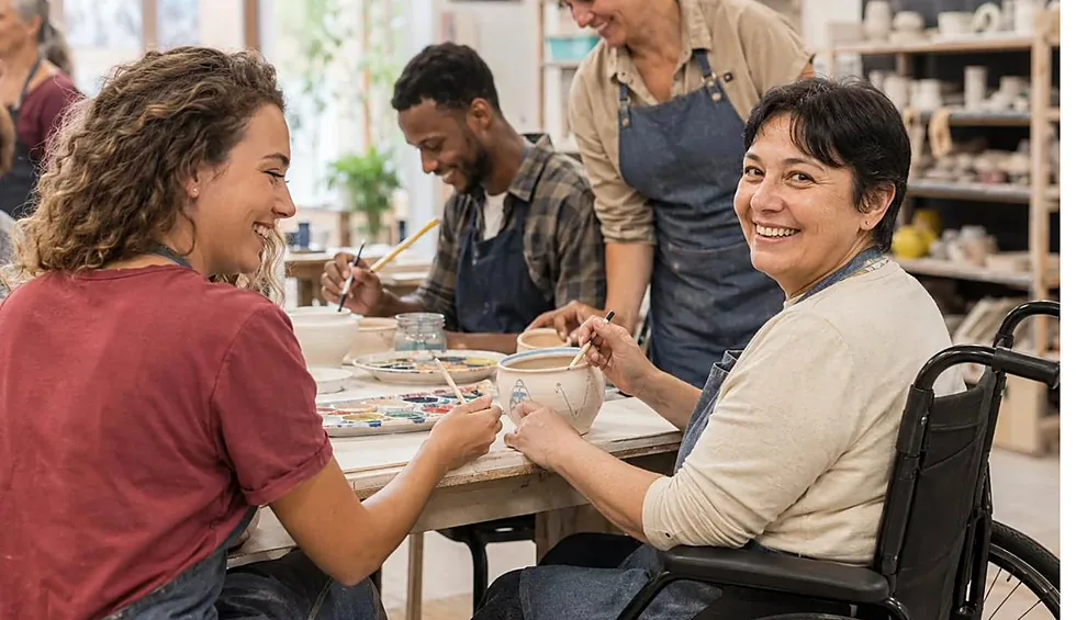 Des adultes partagent un atelier de peinture sur céramique, accompagnés par une intervenante