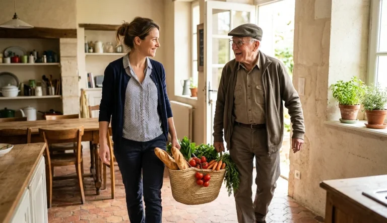CESU préfinancé : une auxiliaire de vie et un homme âgé rentrent du marché avec un panier de légumes