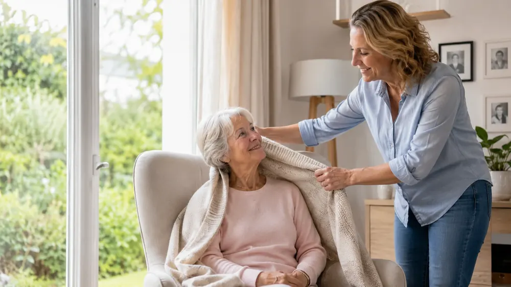 Convalescence à domicile : une intervenante AUXI'life installe confortablement une femme âgée avec un plaid dans son fauteuil