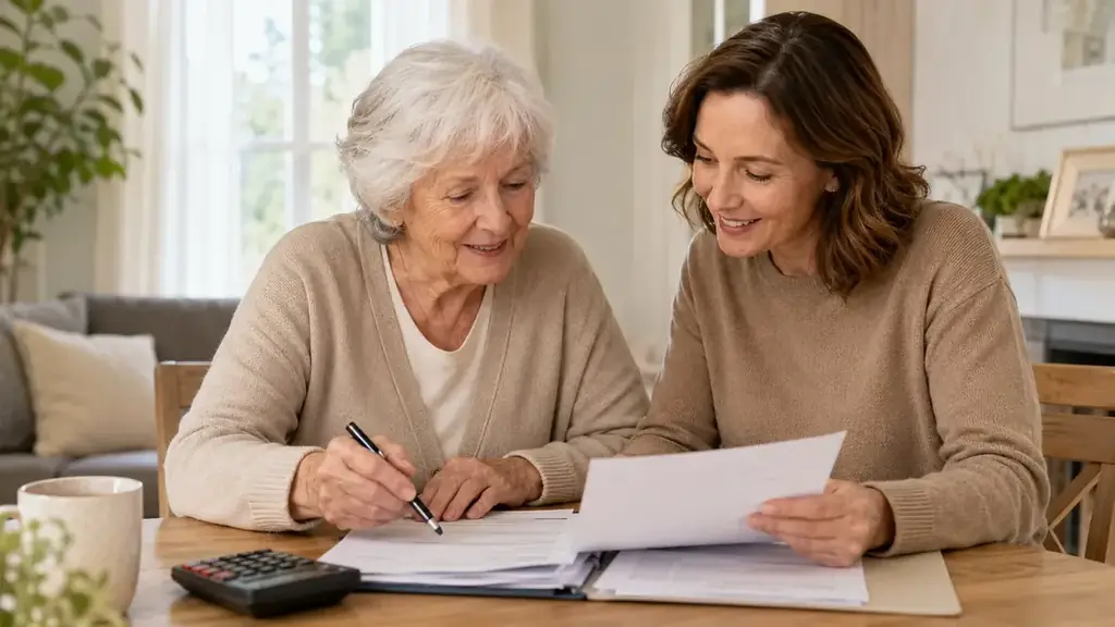 Crédit d'impôt aide à domicile : une femme aide une personne âgée à remplir un formulaire, calculatrice et documents sur la table