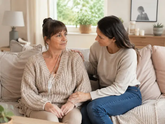 Une personne accompagnée à domicile partage un moment avec sa référente AUXI'life