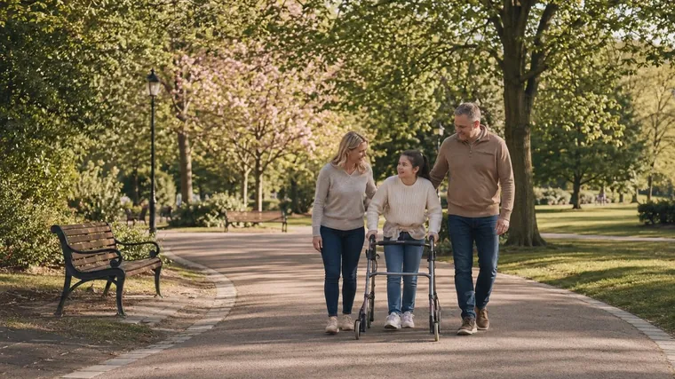 Une adolescente se déplace avec un déambulateur, entourée de ses parents lors d'une promenade