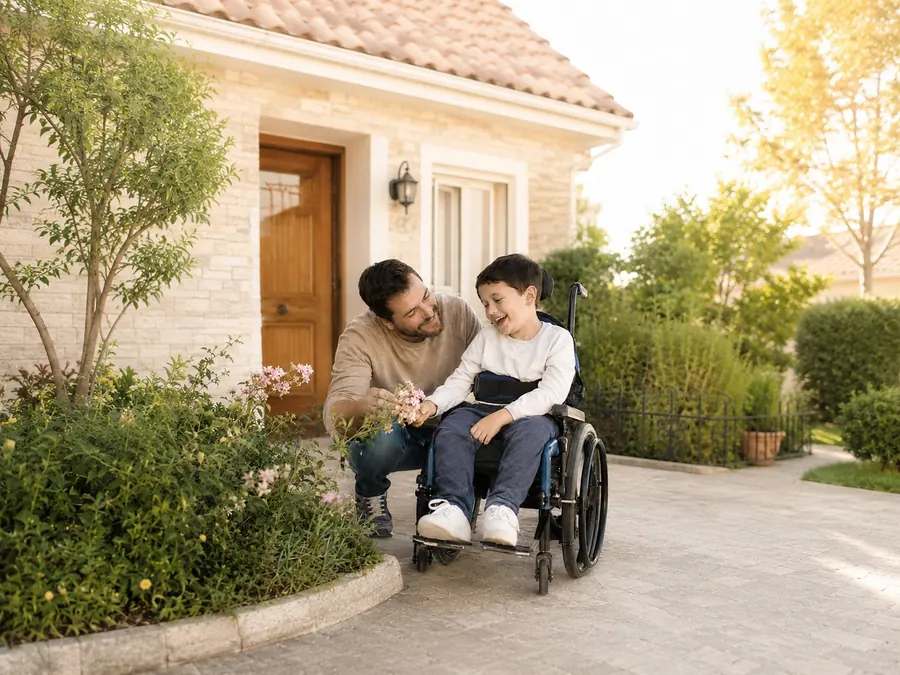 Aide à domicile pour un enfant en situation de handicap : un enfant en fauteuil roulant et un adulte partagent un moment dans le jardin de leur maison