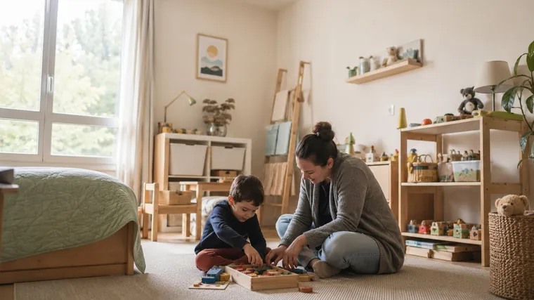 Un jeune enfant joue à des jeux d'éveil avec une intervenante, dans sa chambre