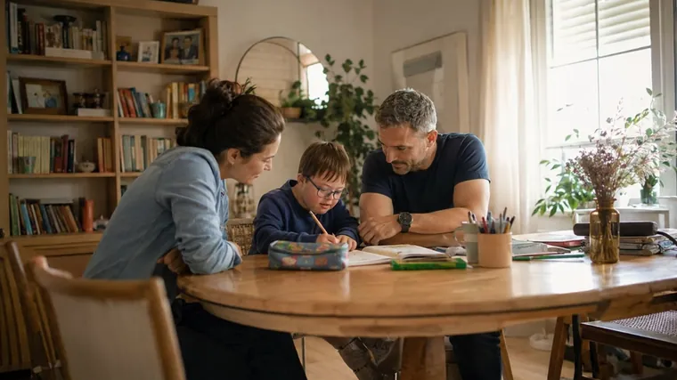 Un enfant fait ses devoirs à la maison, accompagné par ses deux parents