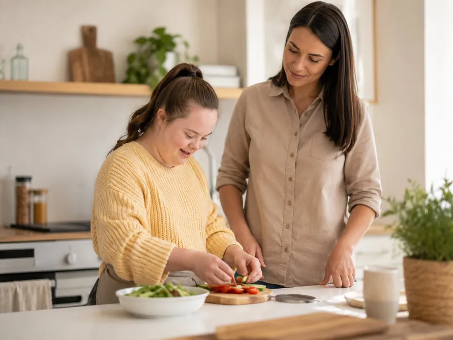 Une jeune fille en situation de handicap prépare un repas en cuisine, accompagnée par une intervenante