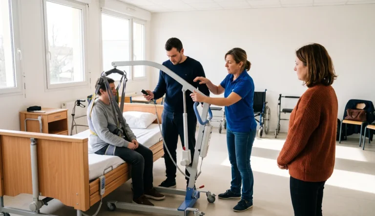 Formation ADVF : des stagiaires s'exercent au transfert avec un lève-personne en salle de pratique