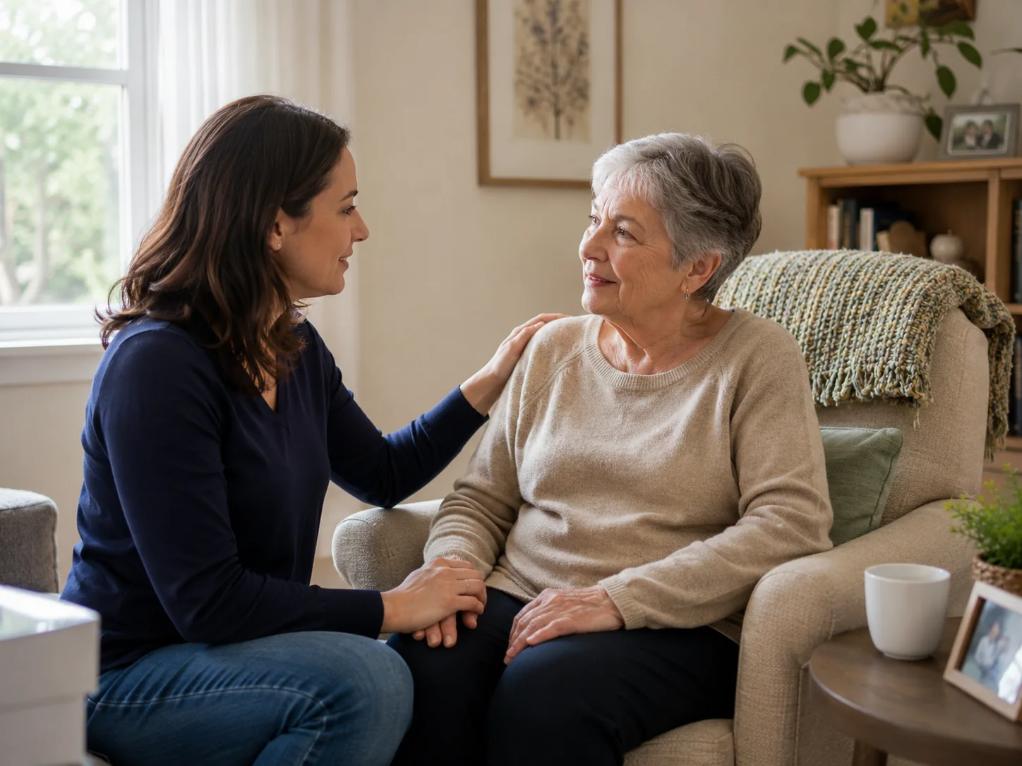 Garde de jour à domicile : une auxiliaire de vie AUXI'life, main posée sur l'épaule d'une personne âgée, partage un moment de présence en journée