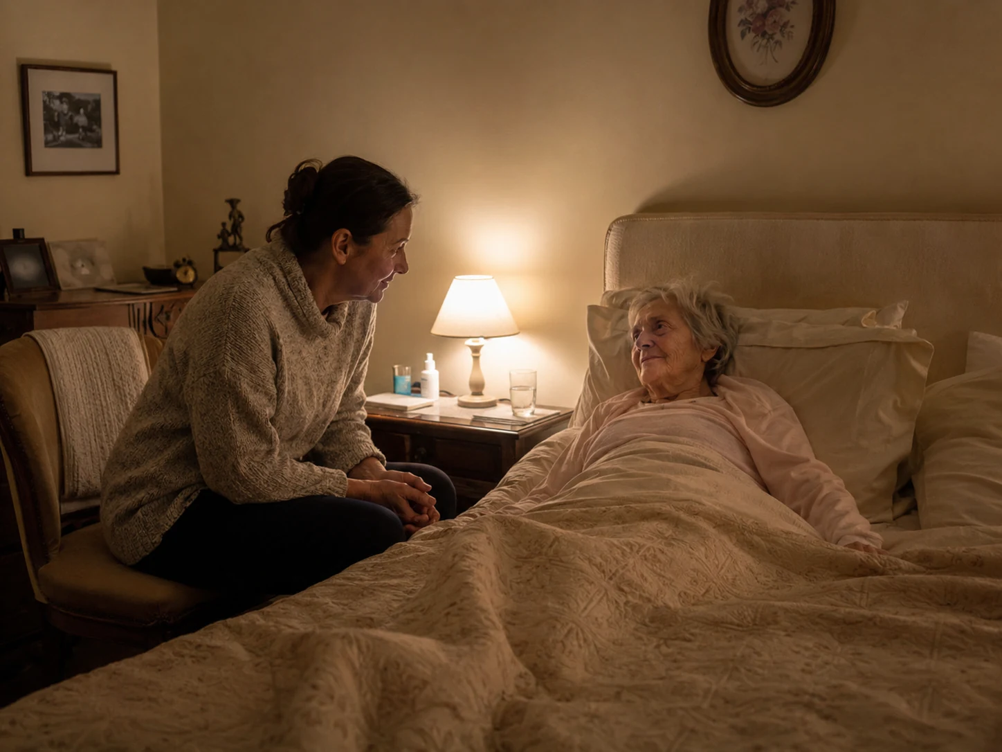 Une auxiliaire de vie AUXI'life accompagne avec douceur une personne âgée alitée, à la lueur d'une lampe de chevet