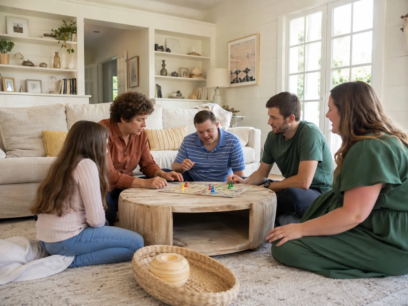 Une famille partage un jeu de société à la maison, dont un adulte en situation de handicap intellectuel
