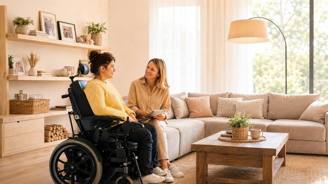 Une femme en fauteuil roulant électrique échange avec une intervenante à domicile
