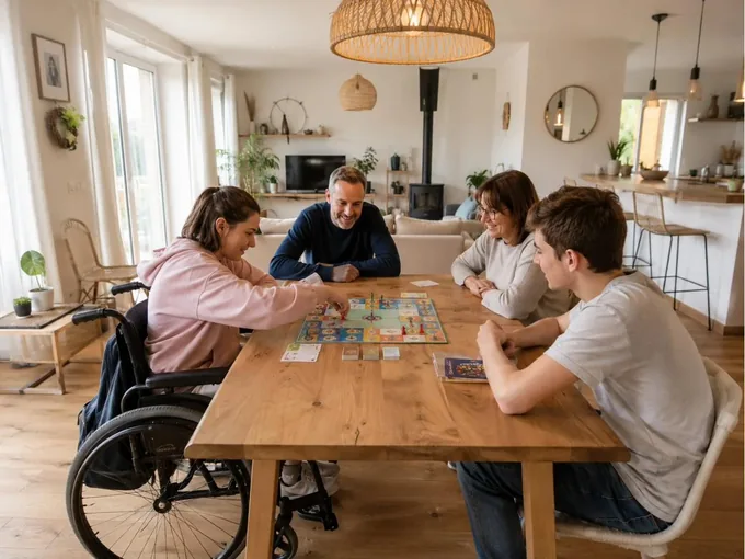 Une jeune femme en fauteuil roulant partage un jeu de société avec ses proches à la maison