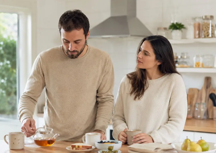 Un homme adulte prépare le thé du matin dans sa cuisine, accompagné au quotidien