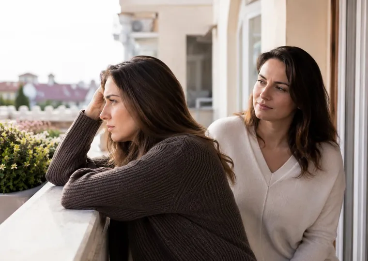 Une femme regarde l'horizon depuis un balcon, accompagnée après une période difficile