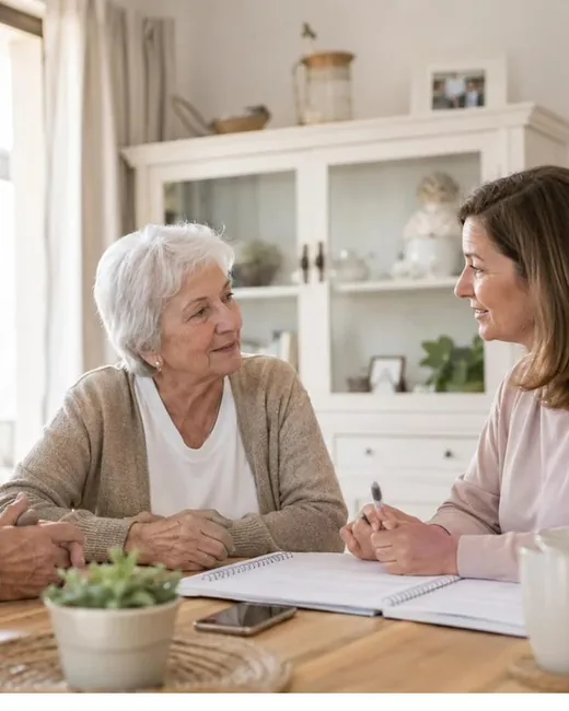 Partenaires aide à domicile : une coordinatrice du Réseau AUXI'life échange avec une personne âgée