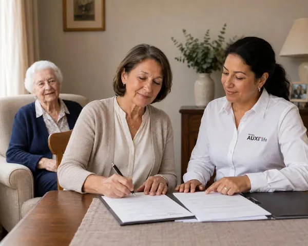 Conseillère AUXI'life élaborant un plan d'accompagnement personnalisé avec une famille
