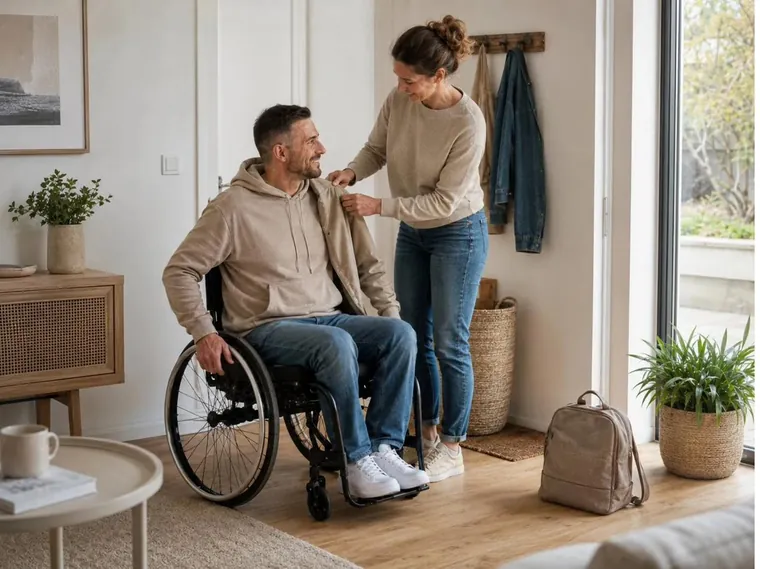 Un homme en fauteuil roulant aidé à domicile par une intervenante AUXI'life