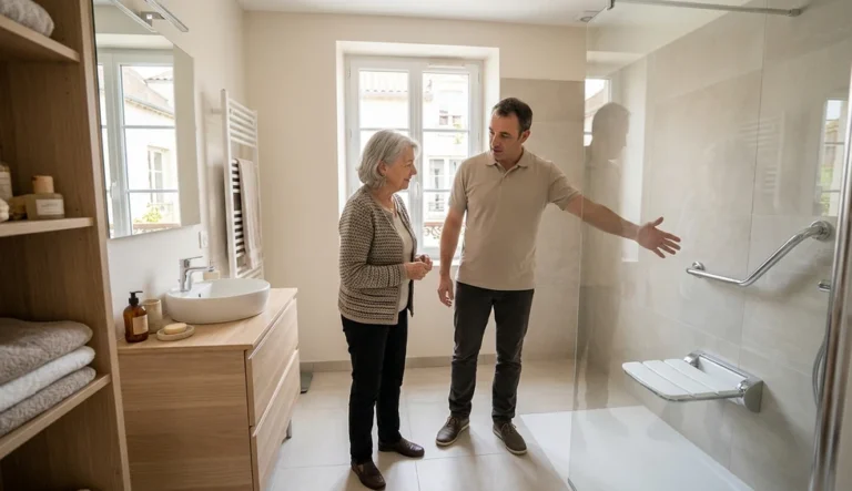 MaPrimeAdapt' : un professionnel présente une douche adaptée avec barre d'appui à une femme âgée