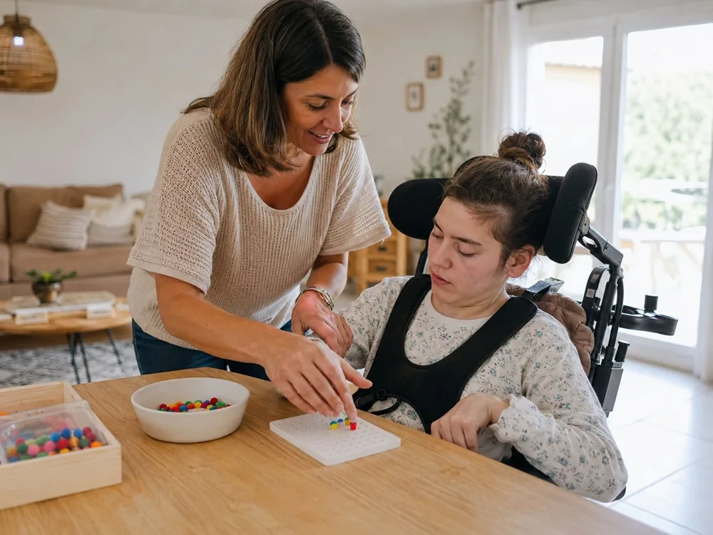 Une jeune femme polyhandicapée en fauteuil partage une activité avec son accompagnante à domicile