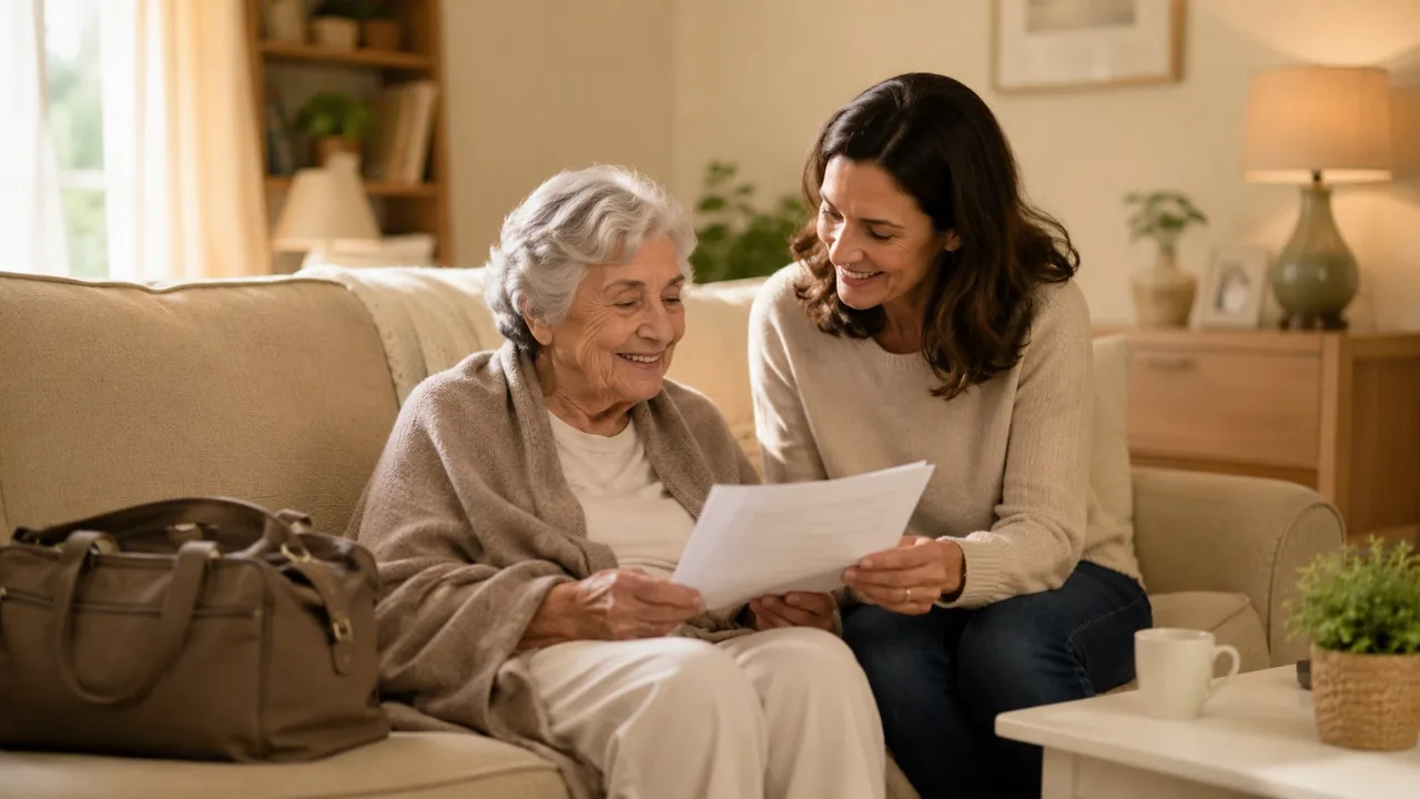 Une conseillere AUXI'life lit un document avec une personne agee installee sur son canape, a domicile.