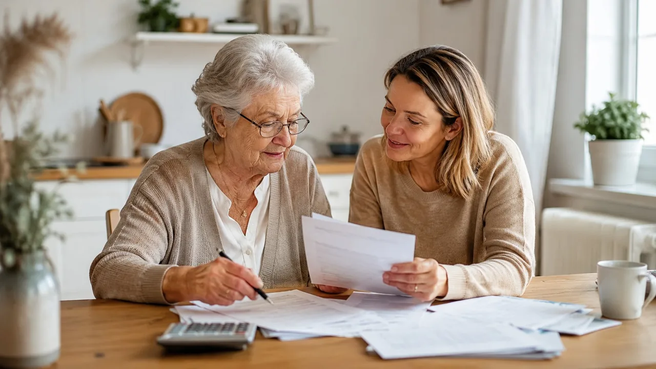 Une conseillere AUXI'life aide une personne agee a comprendre son contrat de mutuelle et d'assurance dependance.