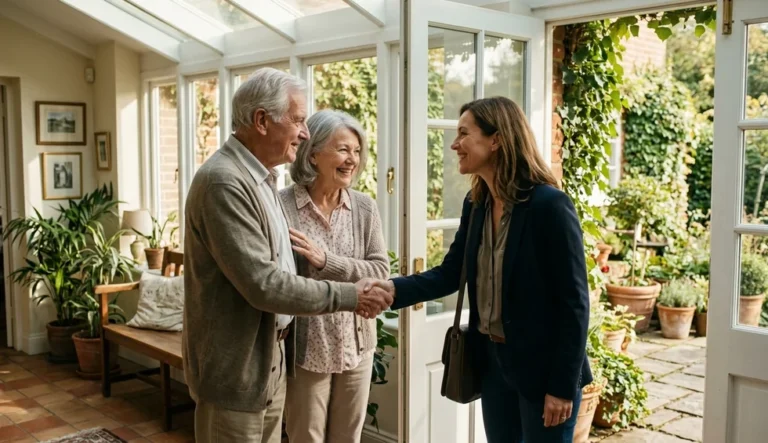 Mutuelle et aide à domicile : un couple de retraités accueille une conseillère dans leur véranda