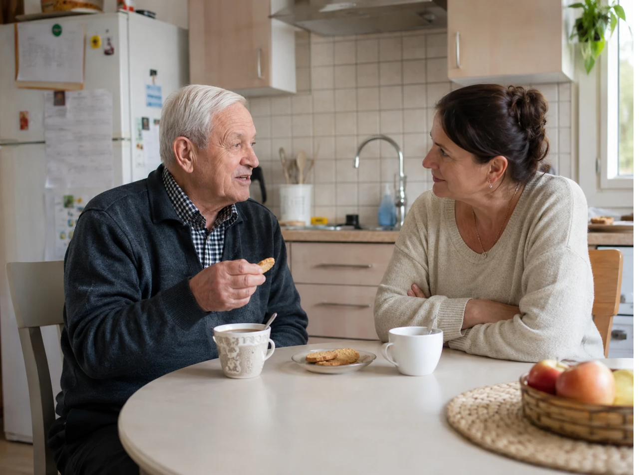 Une intervenante AUXI'life échange chaleureusement avec un bénéficiaire à domicile à Abbeville