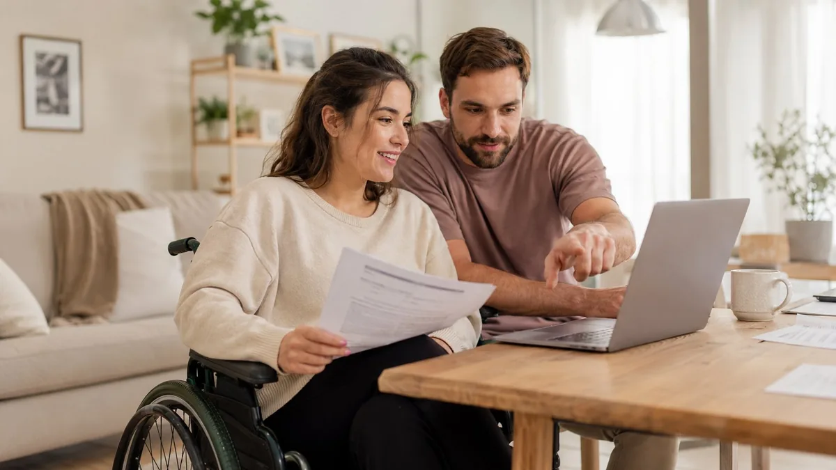 Comprendre ses droits à la PCH : une femme en fauteuil roulant examine un document avec un proche, à domicile